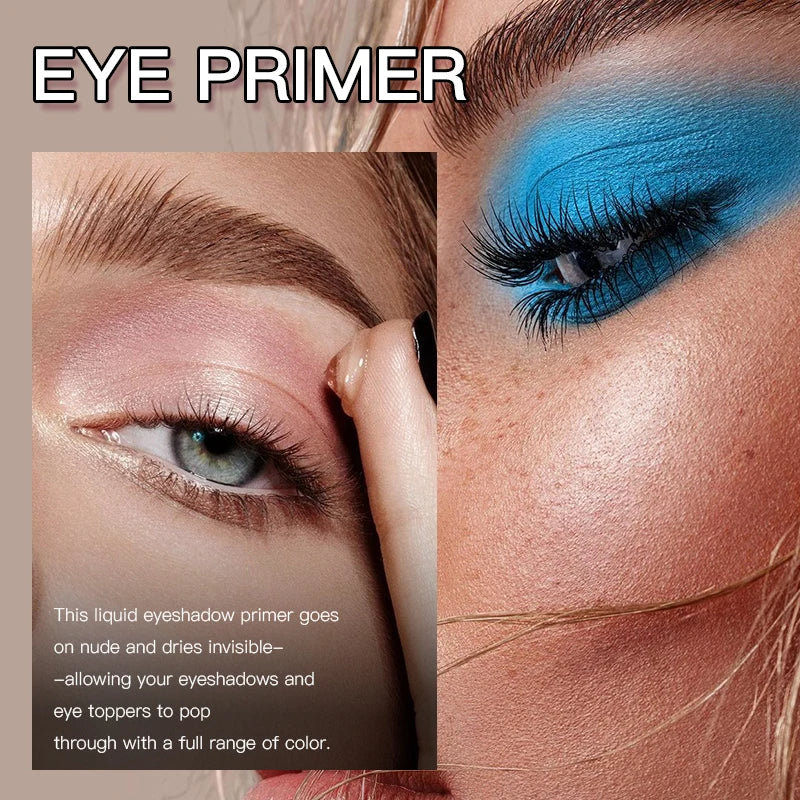 Close-up of eye makeup with blue eyeshadow and text about liquid eyeshadow primer.