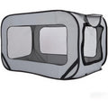 Gray pet carrier with mesh sides on a white background