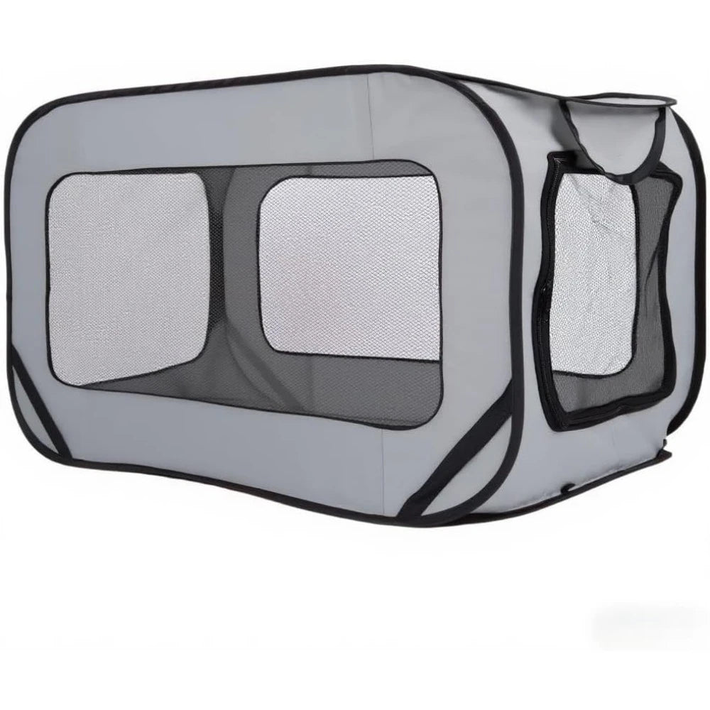 Gray pet carrier with mesh sides on a white background