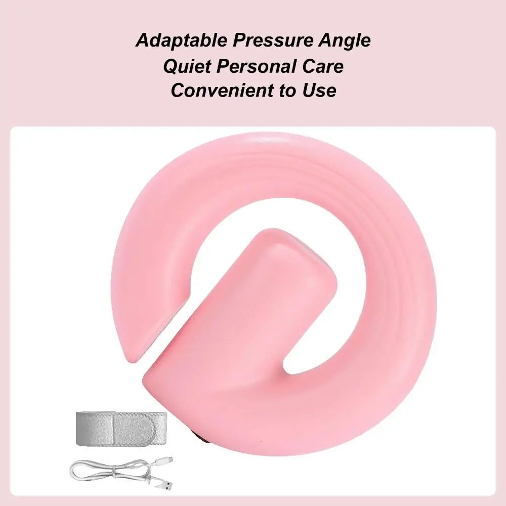 Pink personal care device with a curved ring shape and a small gray strap accessory, shown on a white background with marketing text at the top.