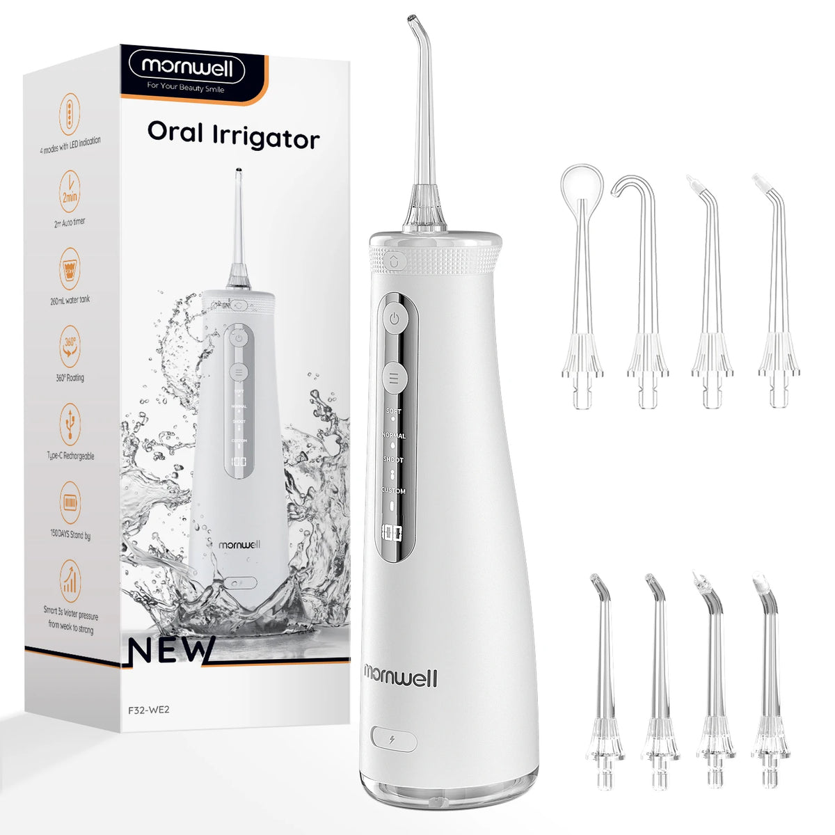 Mornwell oral irrigator with packaging and additional nozzles on a white background