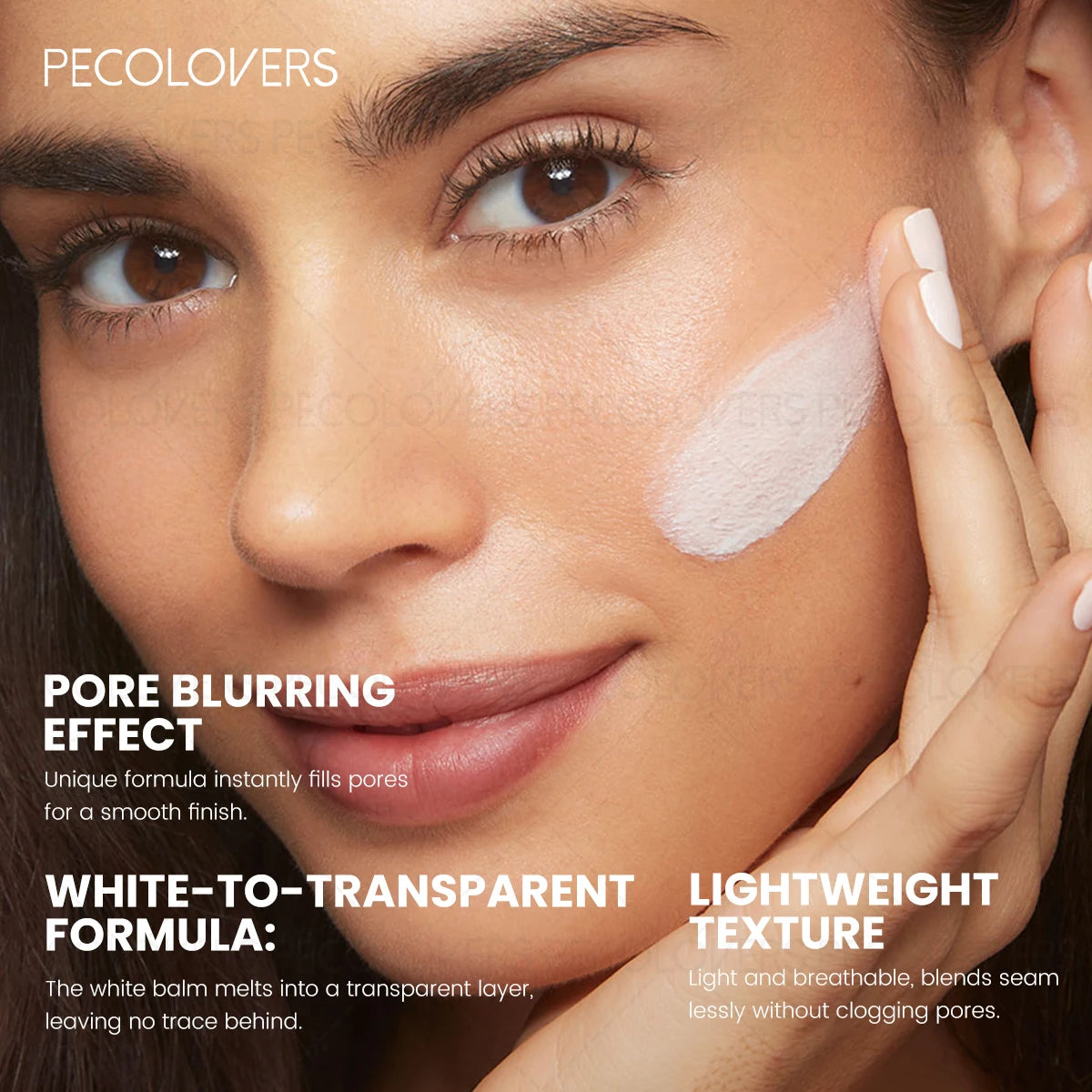 Woman applying white cream to her face with text about product features.
