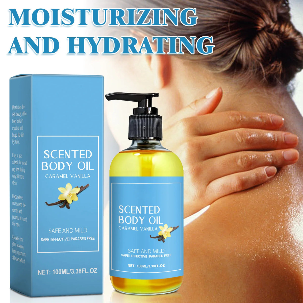 Scented body oil with pump and packaging, shown being applied to skin.