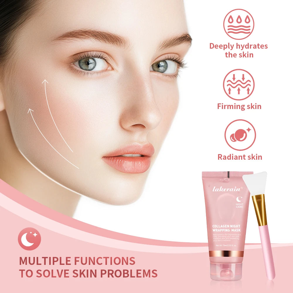 Cosmetic product with a woman's face and text highlighting skin benefits on a pink background