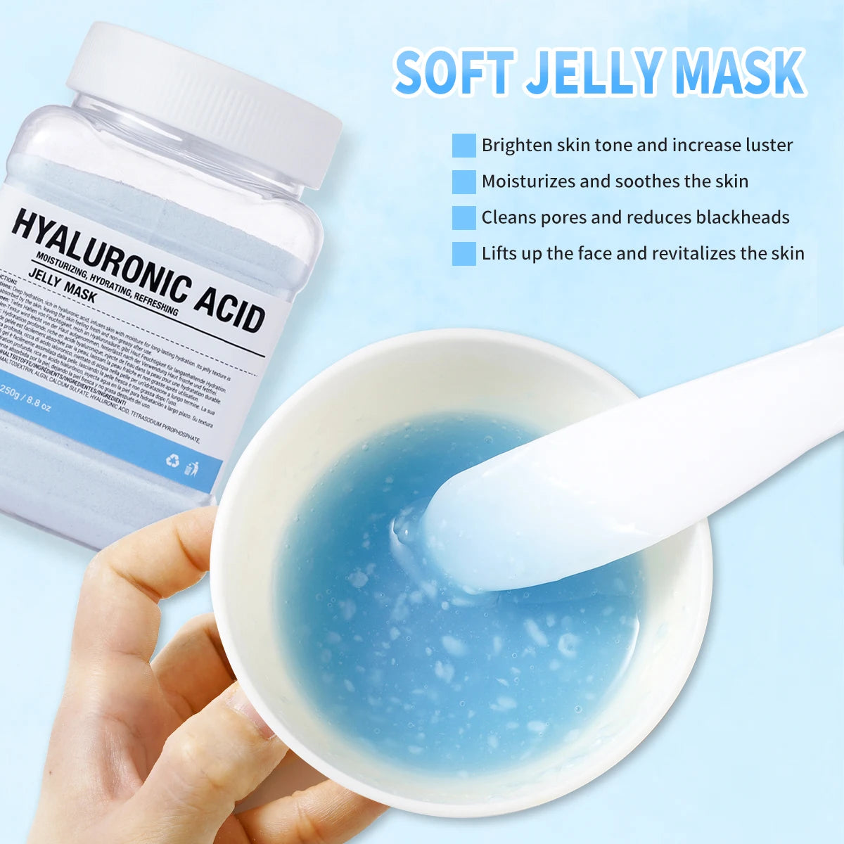 Hyaluronic acid jelly mask with a bowl and spoon on a light blue background