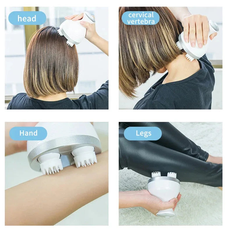 Product being used on various parts of the body including head, neck, arm, and legs.