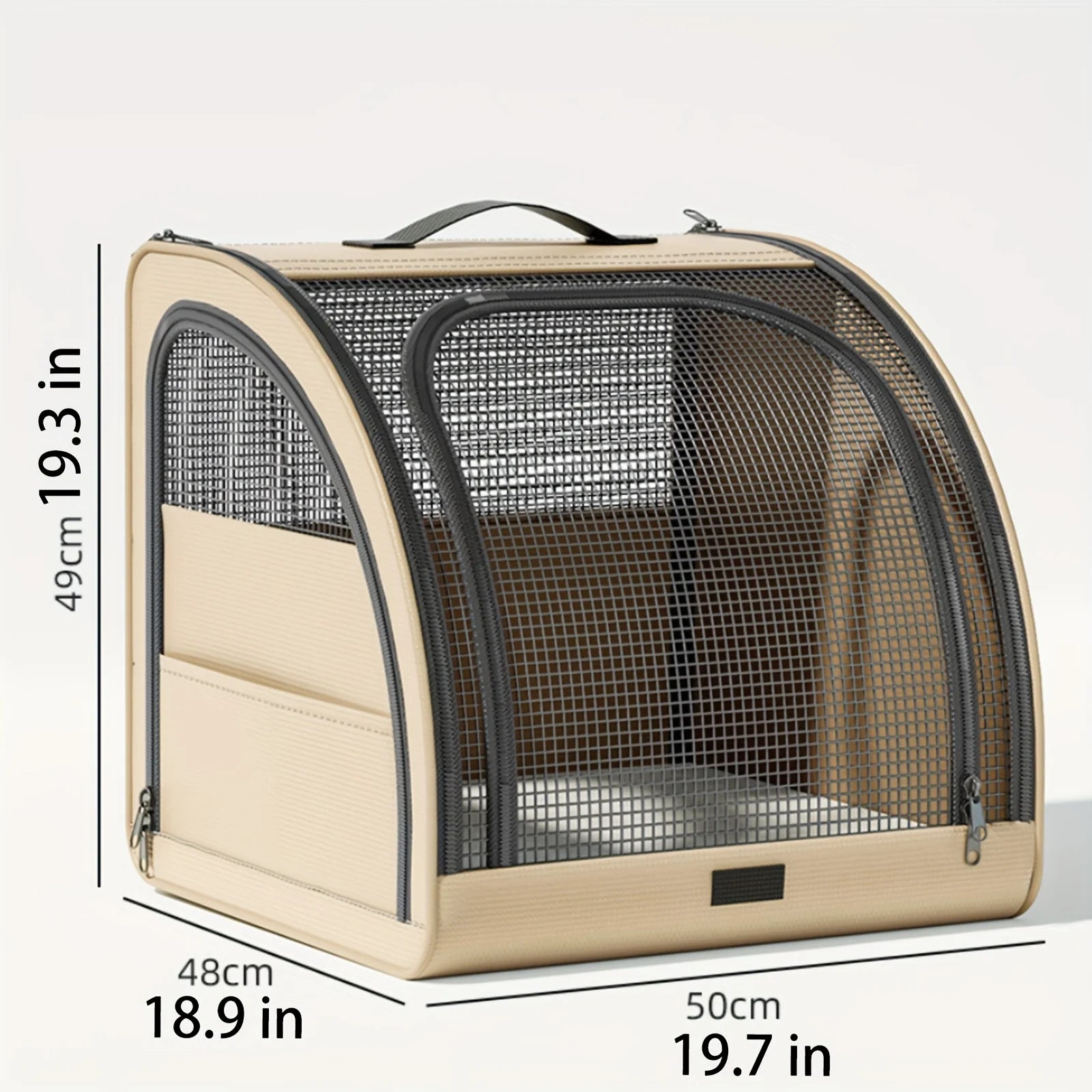 Pet carrier with dimensions displayed on a white background