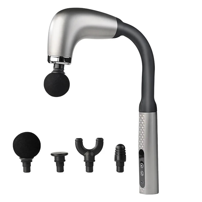 Handheld massage device with attachments on a white background