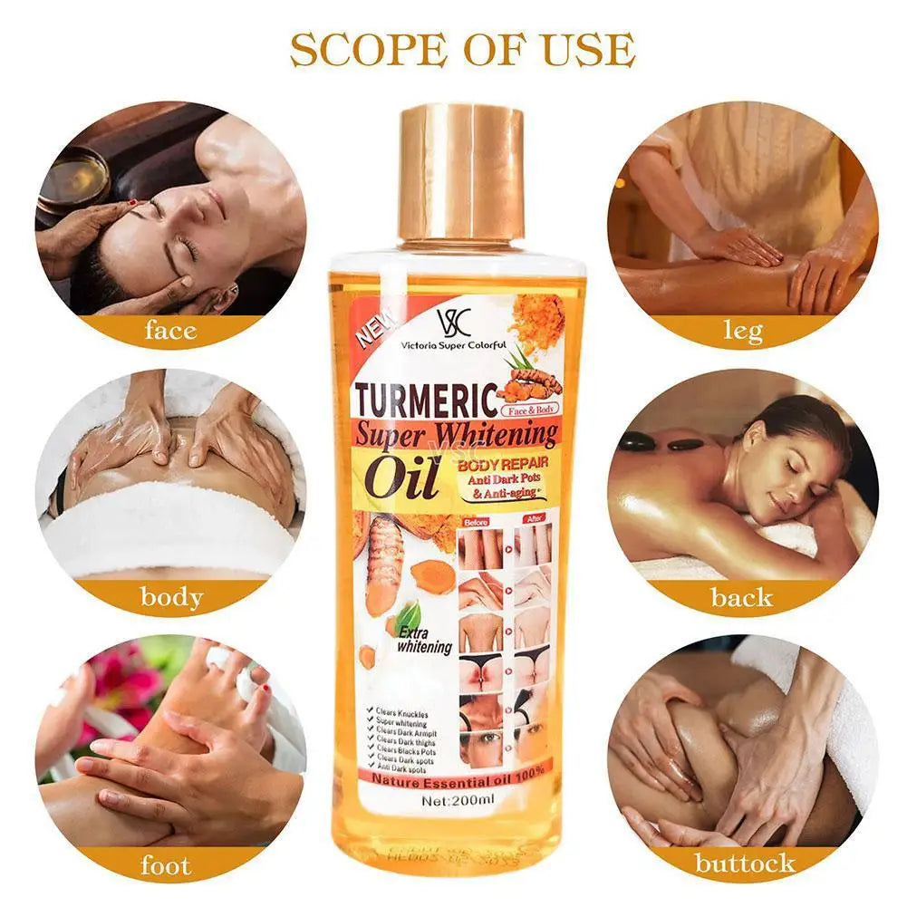 Turmeric Super Whitening Oil bottle with application areas on a white background