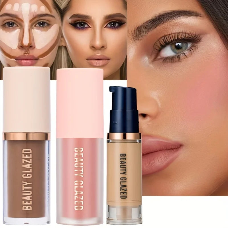 Three Beauty Glazed makeup products with close-up shots of a woman's face applying makeup.