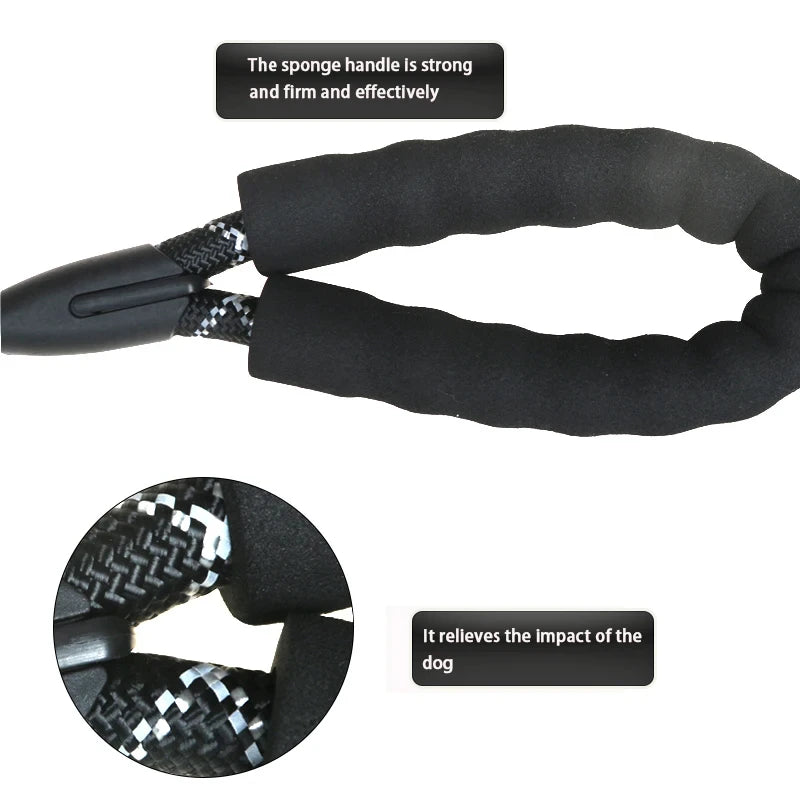 A black dog leash with a thick, cushioned foam handle and braided black-and-white cord. The image includes a circular inset showing the braided cord detail, text overlays describing the product features, and a clean white background.