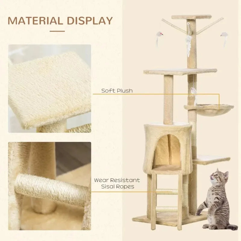 Cat tree with soft plush and wear-resistant sisal ropes, featuring a cat sitting on it.