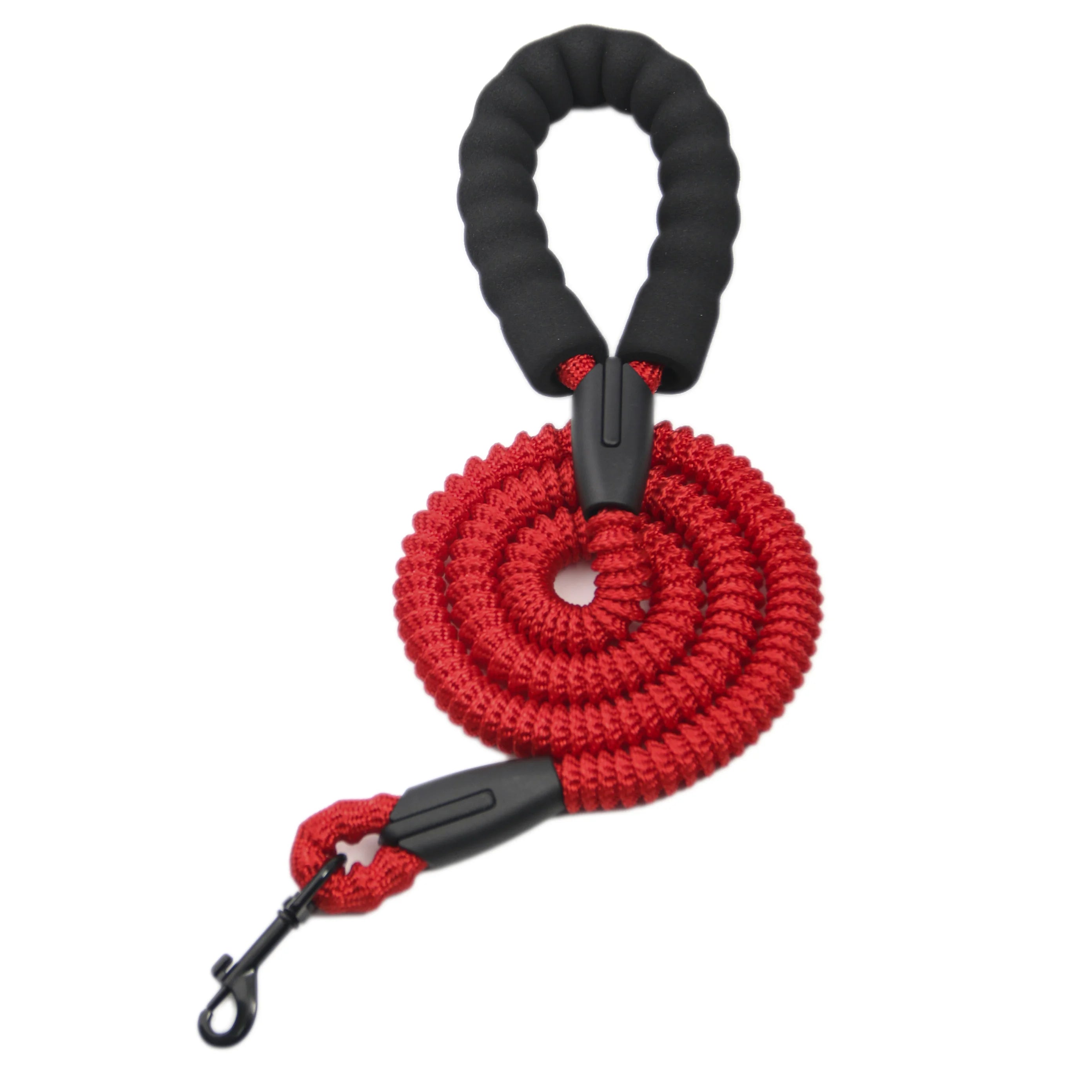 Red dog leash with black handle on a white background