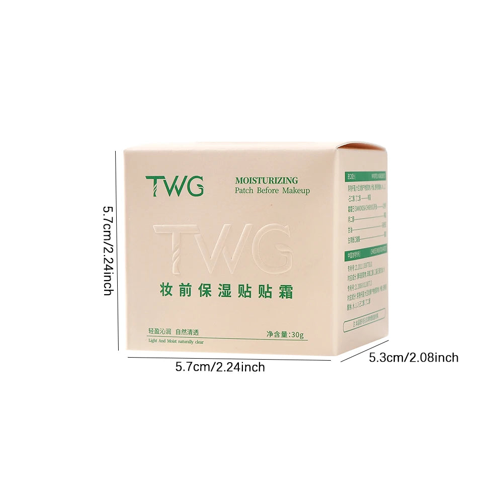 TWG moisturizing patch packaging with dimensions on a white background