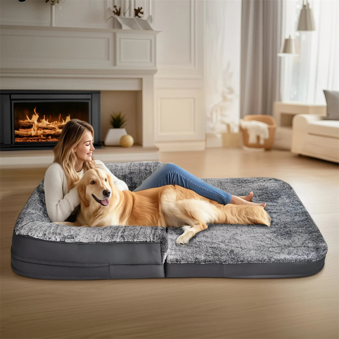 Woman and dog lying on a large pet bed in a cozy living room.