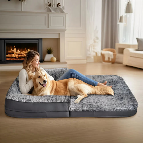 Woman and dog lying on a large pet bed in a cozy living room.