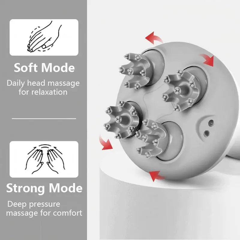 A 3D render of a round gray electric head massager with multiple textured massage nodes, shown on a white pedestal with red arrows indicating movement. The left side features a gray informational panel with text for 'Soft Mode' and 'Strong Mode' along with a 'FLANIQUE' promotional badge.