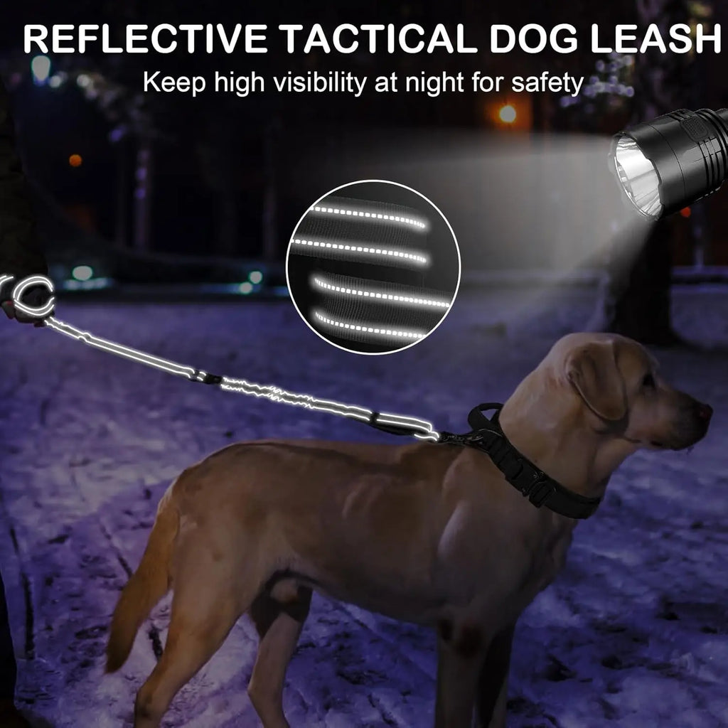 Reflective tactical dog leash with flashlight on a dark background