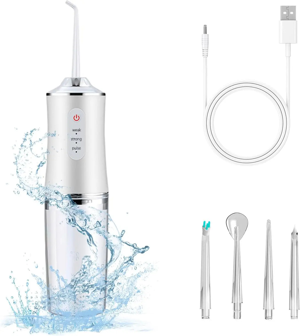 White dental water flosser with accessories on a white background