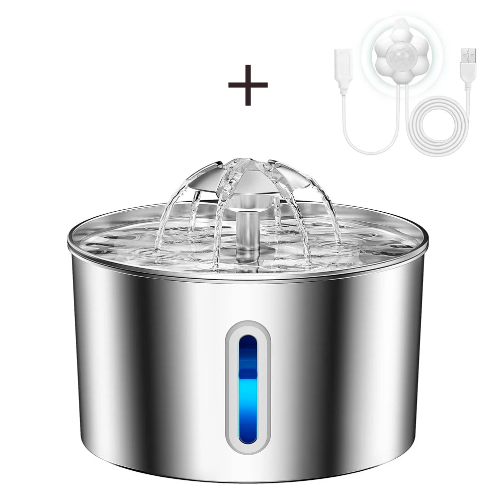A stainless steel water fountain with a transparent water arc on top and a vertical blue LED level window, shown on a white background with a plus sign and a small inset of a USB charging cable accessory.