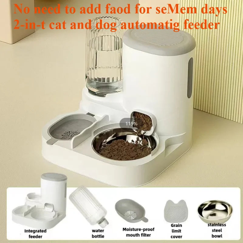 2-in-1 Automatic Pet Feeder and Water Dispenser | Gravity Food Storage Station with Water Fountain Bowl | Non-Electric Integrated Feeding Combo for Cats and Dogs