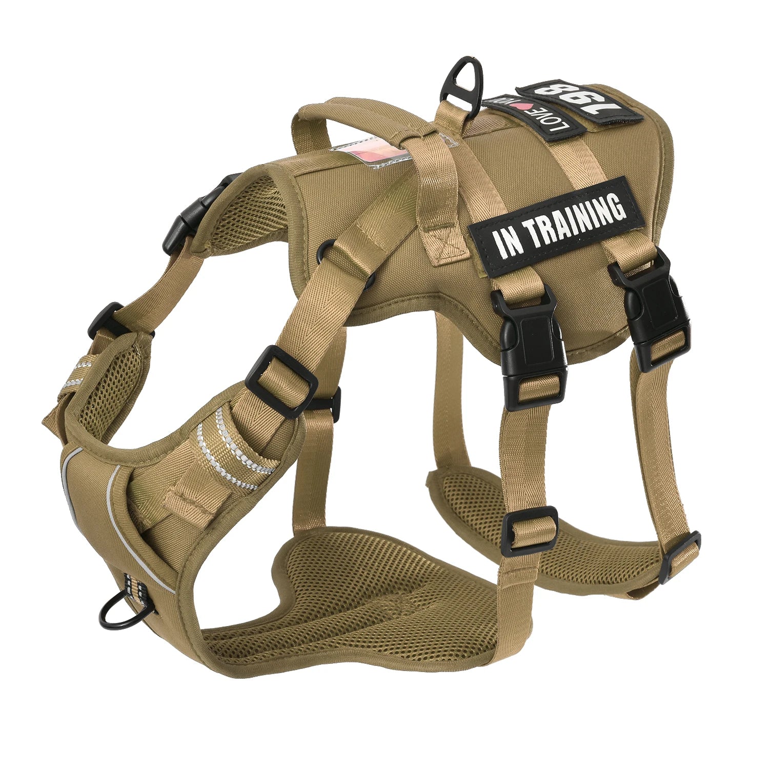 Tan dog harness with 'In Training' label on a white background