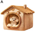 Small white dog inside a beige pet house with a teddy bear design on a white background