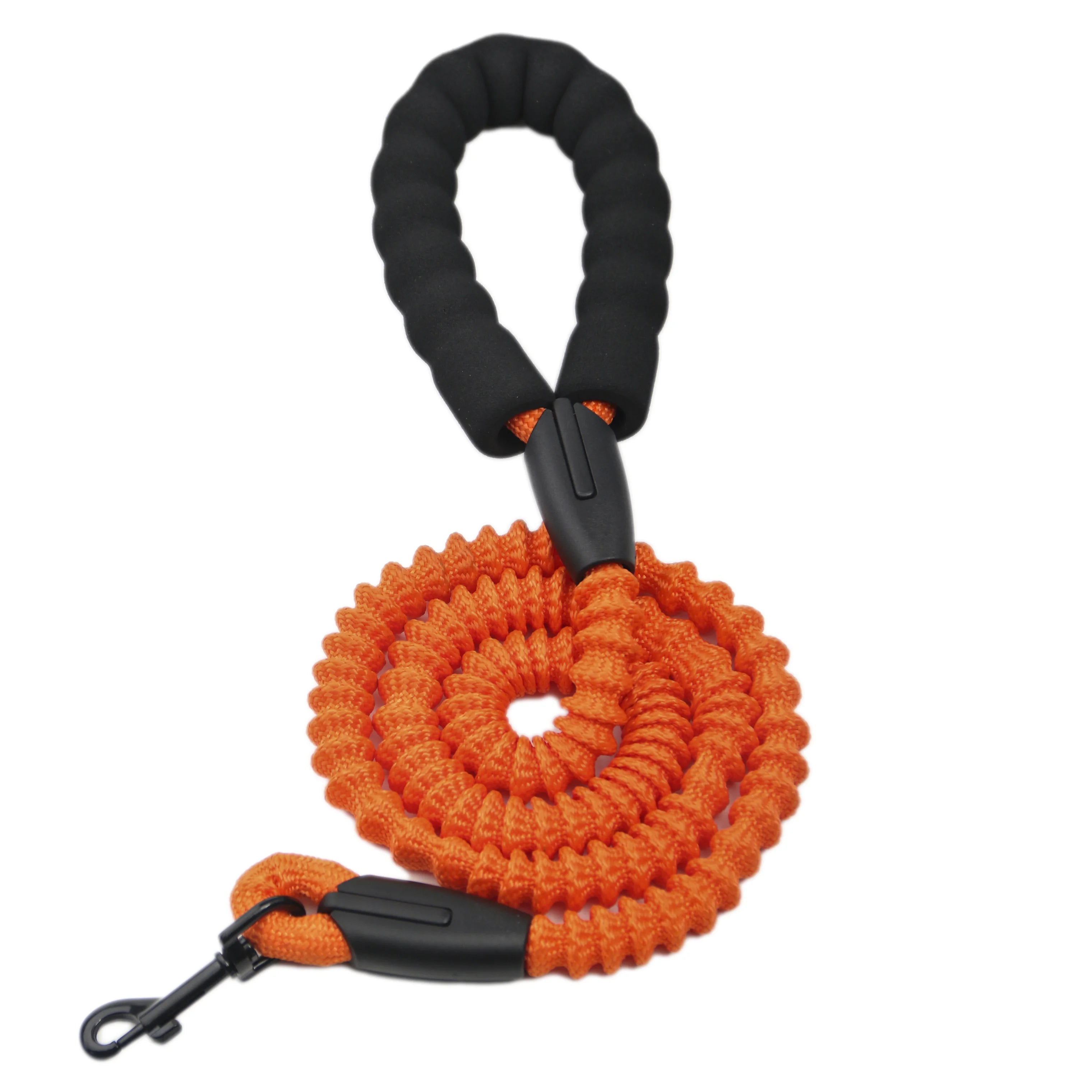 Orange dog leash with black handle and clip on a white background