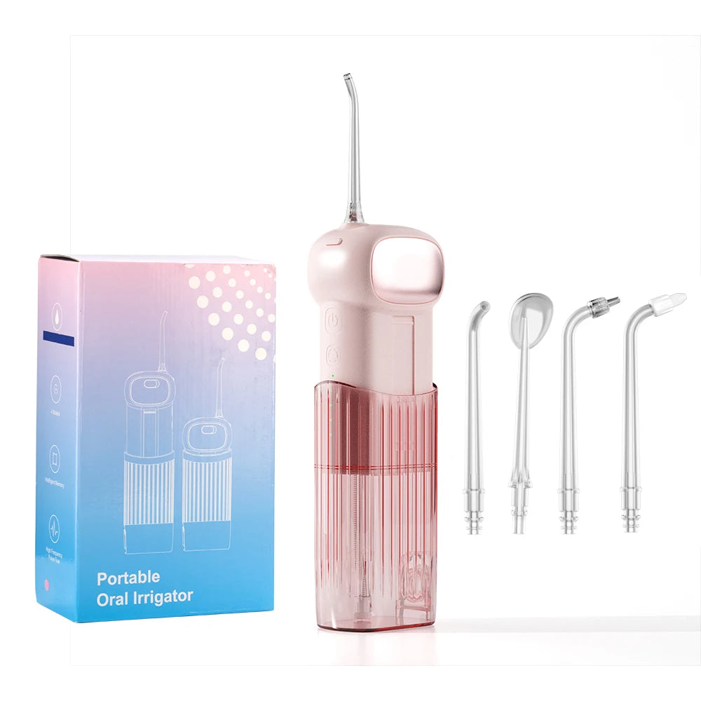 Portable oral irrigator with packaging and additional nozzles on a white background