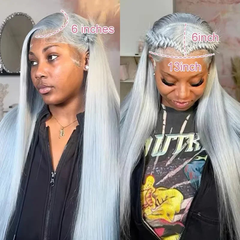 Two views of a person with long silver hair, showing the length difference between 6 and 13 inches.