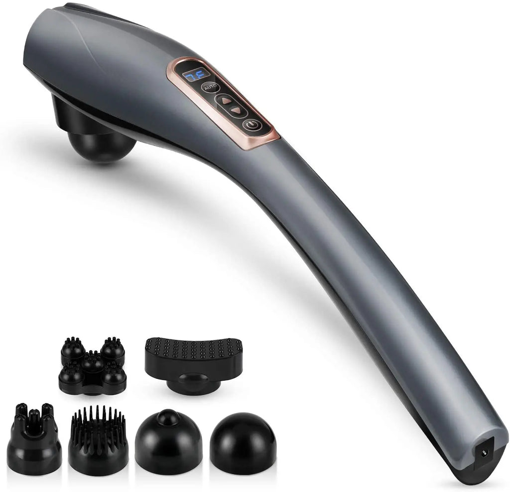 Gray handheld massager with attachments on a white background