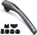 Gray handheld massager with attachments on a white background