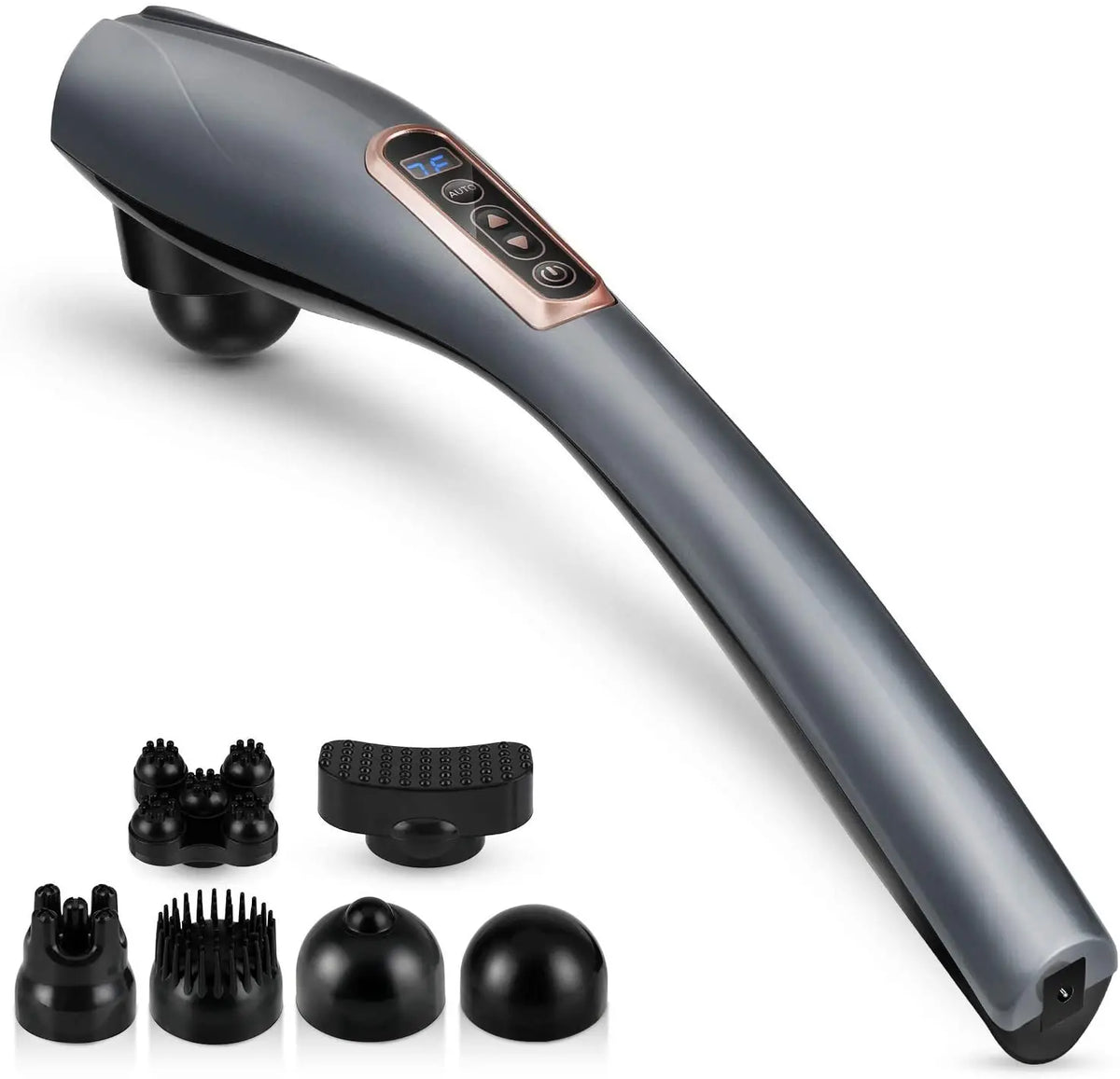 Gray handheld massager with attachments on a white background