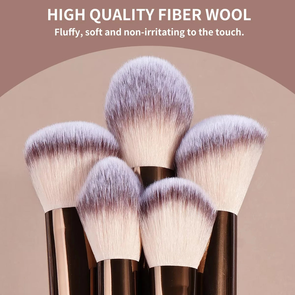 Set of makeup brushes with high-quality fiber wool on a beige background
