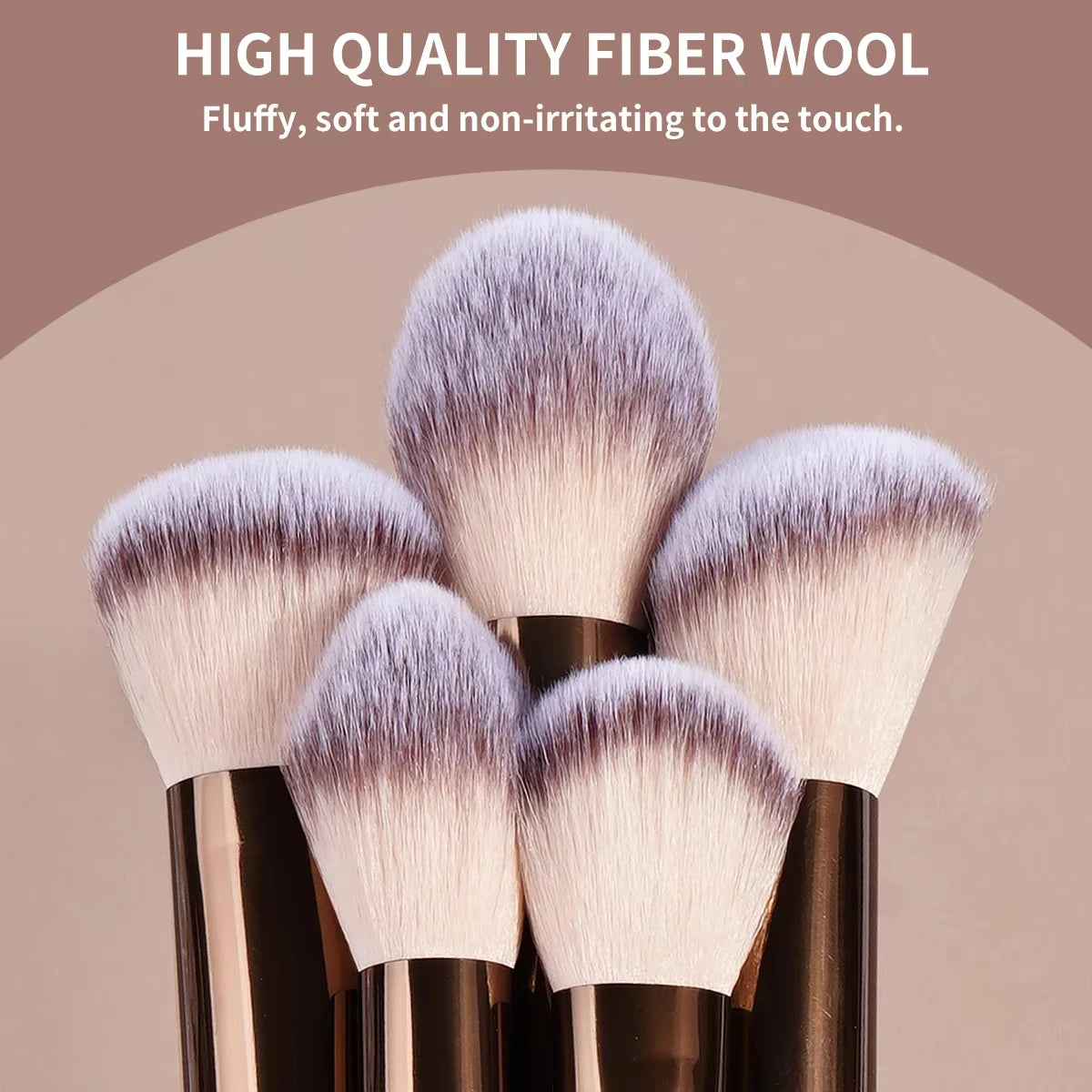 Set of makeup brushes with high-quality fiber wool on a beige background