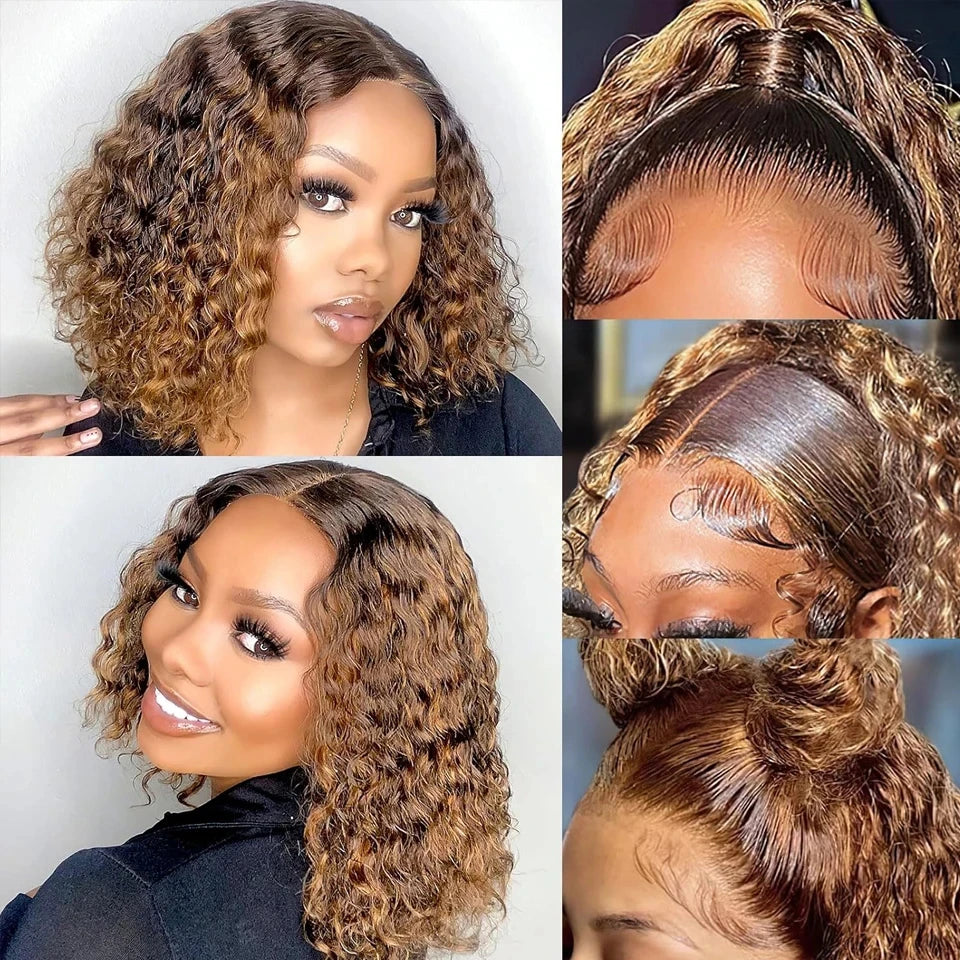 A collage showing a woman wearing a curly wig from multiple angles, including full-length views, close-ups of the hair texture, and a close-up of the lace part. The wig has warm medium brown roots with caramel and honey blonde highlights.