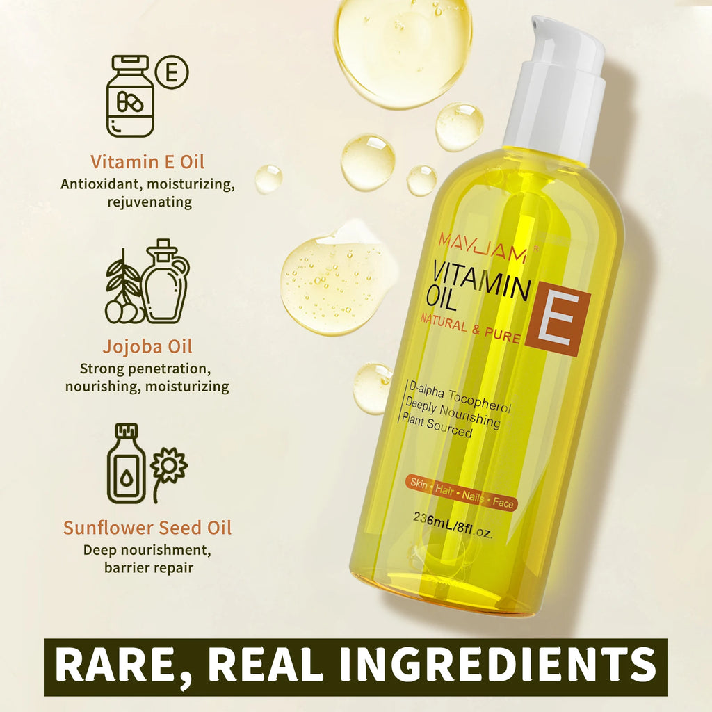 Bottle of Mavijam Vitamin E oil with ingredients listed on a light background