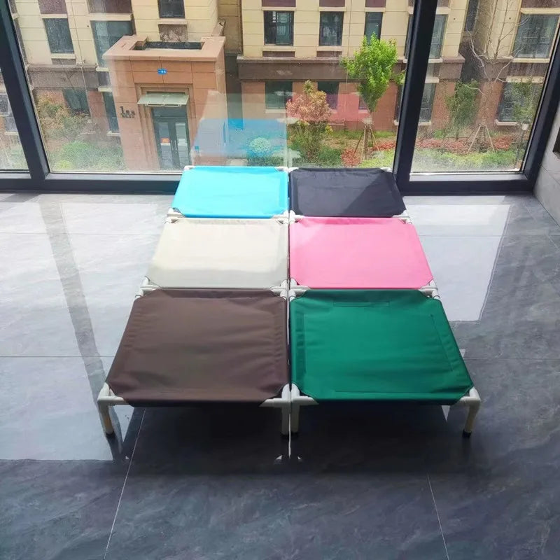 Colorful pet beds arranged in a grid on a tiled floor.