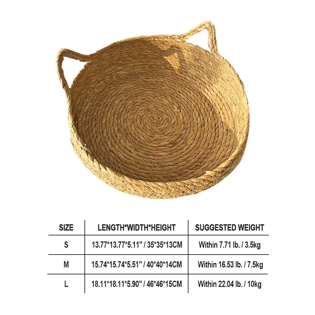 Round woven basket with handles on a white background, accompanied by size and weight information.
