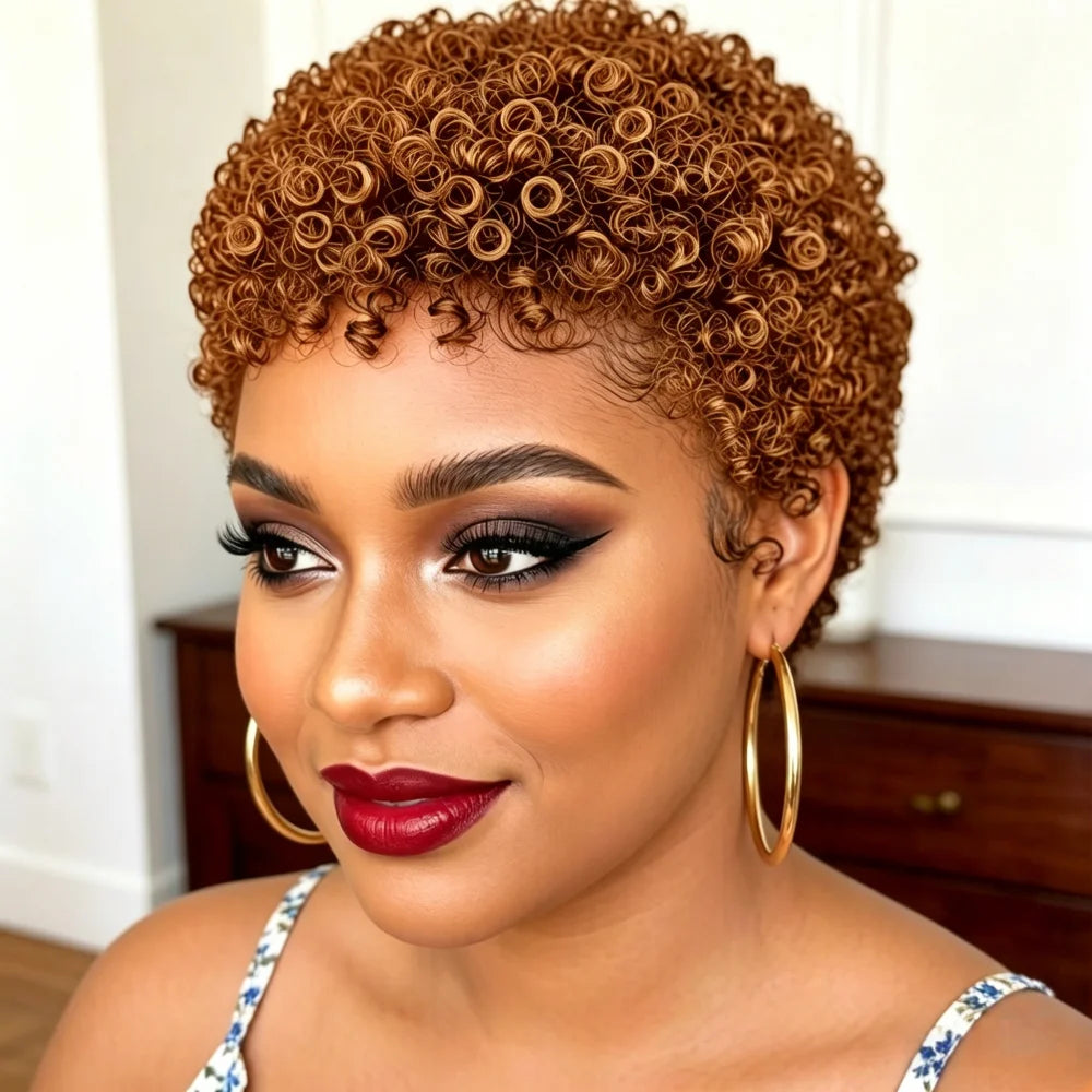 A close-up portrait of a woman with a short, tightly curled brown wig, wearing large gold hoop earrings and red lipstick, with a softly blurred indoor background.