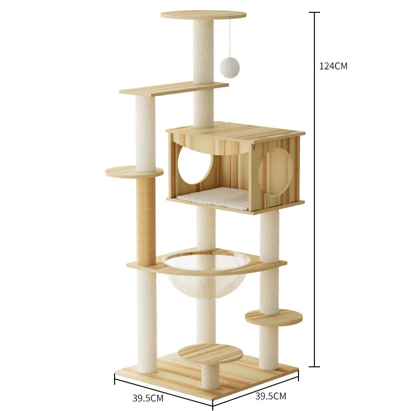 Wooden cat tree with dimensions on a white background
