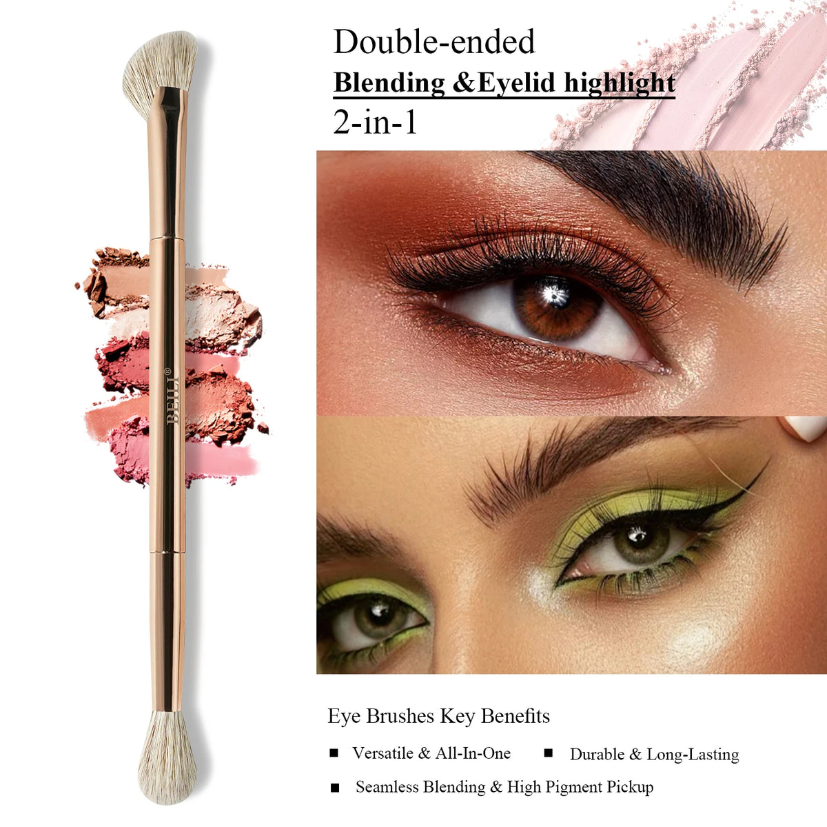 Makeup brush with eye makeup application and product benefits on a white background