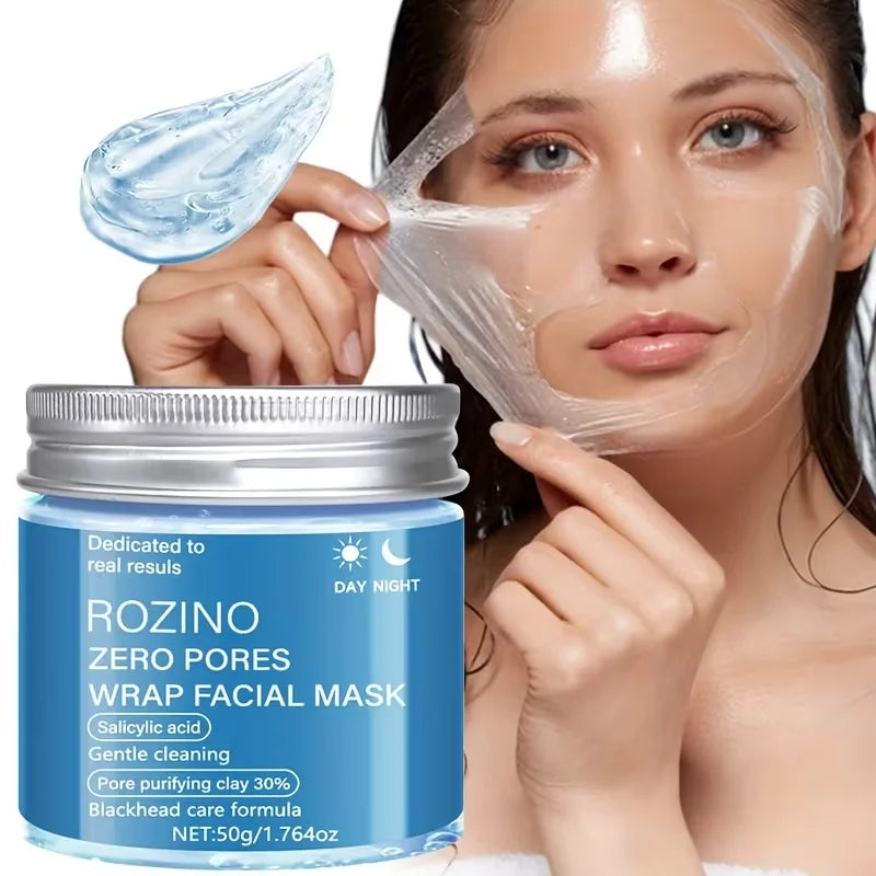 A woman peeling a clear facial mask from her cheek beside a blue jar labeled ROZINO ZERO PORES WRAP FACIAL MASK, with a translucent gel swatch shown above.