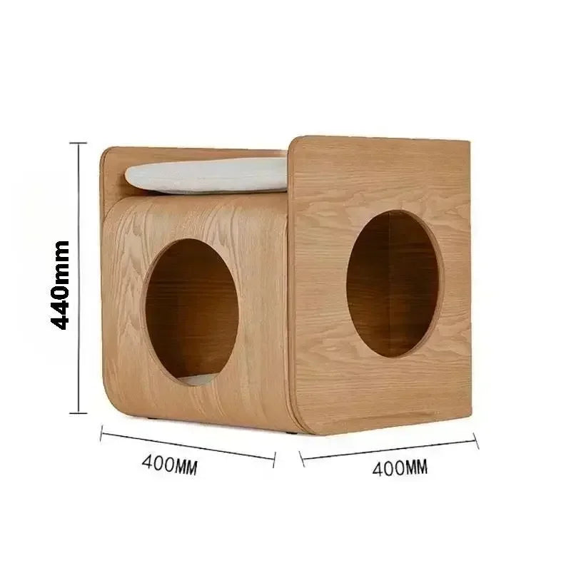 Wooden pet house with dimensions indicated on a white background