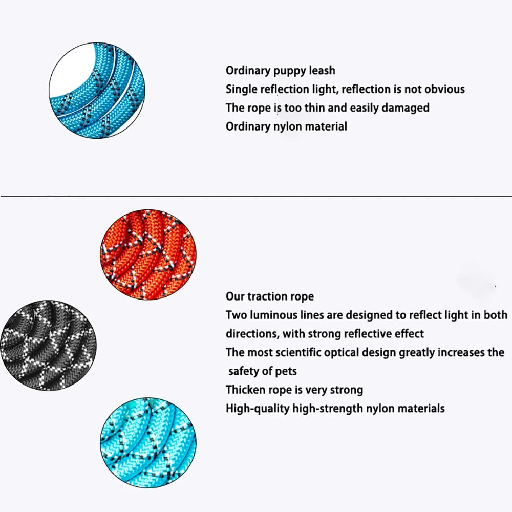 Comparison of ordinary puppy leashes and our traction rope with reflective design on a white background.