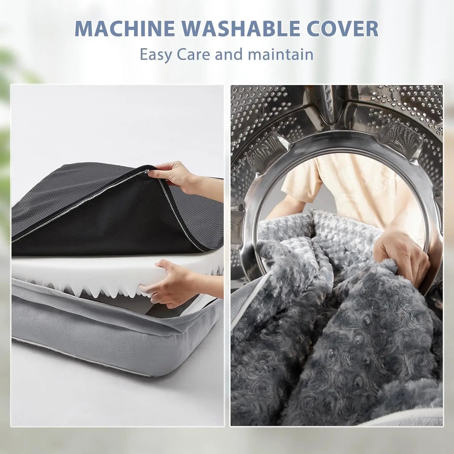 Machine washable cover with washing machine illustration and text 'Machine Washable Cover, Easy Care and Maintain'.