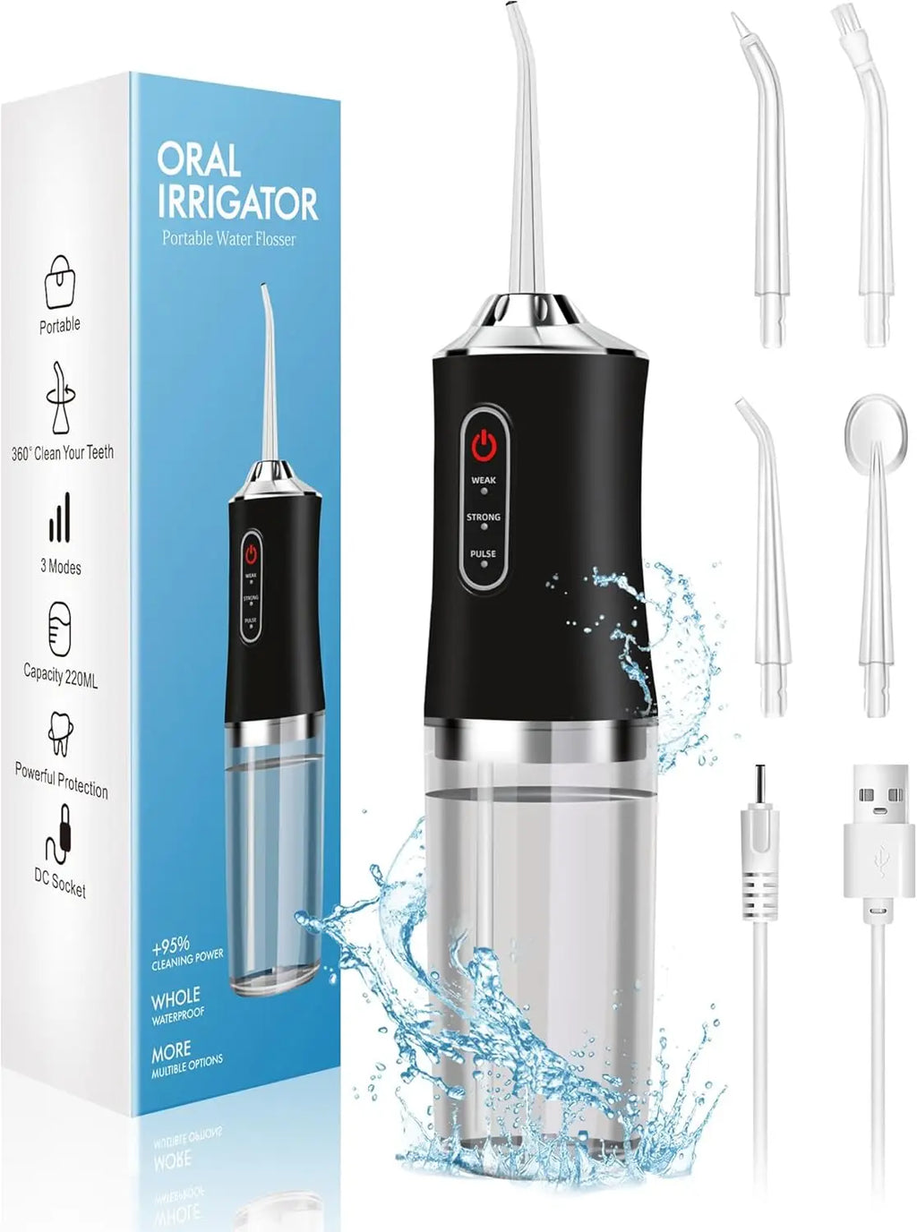 Oral irrigator with packaging, nozzles, and water stream illustration