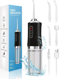 Oral irrigator with packaging, nozzles, and water stream illustration