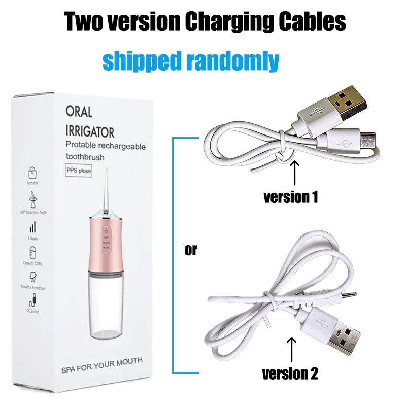 Oral irrigator packaging with two USB charging cables, labeled 'version 1' and 'version 2'.