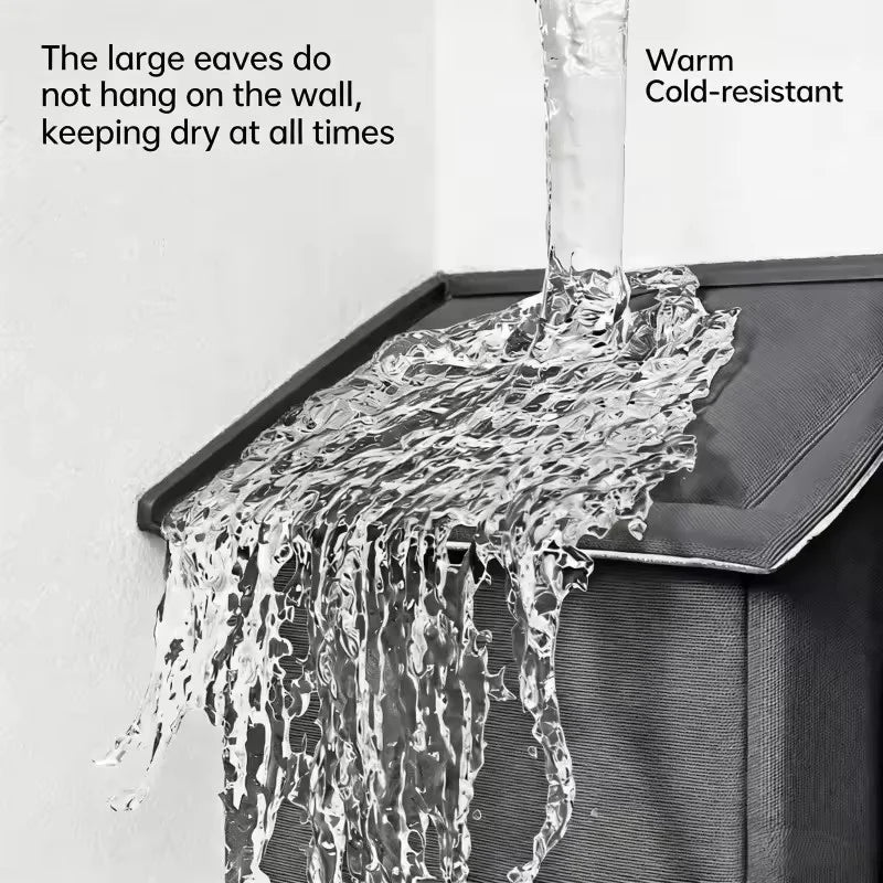 Water flowing over a roof with text indicating water resistance and temperature tolerance.